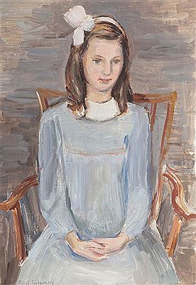 "Mädchenportrait", sitzendes Mädchen im blauen Kleid mit weißer Schleife im Haar