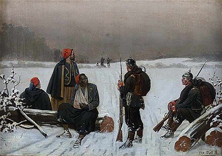 . "Deutsche Soldaten beim Bewachen von afrikanischen Kriegsgefangenen im Schnee"