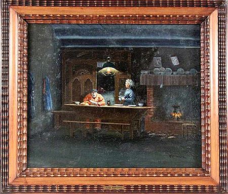 Peasant couple in the kitchen in front of a burning fireplace