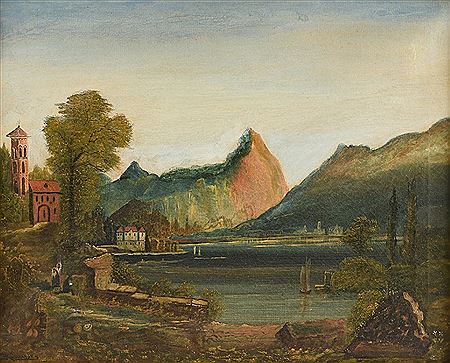 Mountainous Landscape with Lake and Romanesque Church