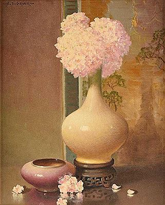 "Nature Morte with Pink Hydrangeas and Cream Vase"
