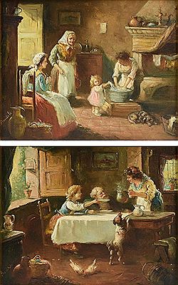 "Laundry Washing near Hearth," and "Interior Kitchen Scene of a Happy Breakfast," (2)