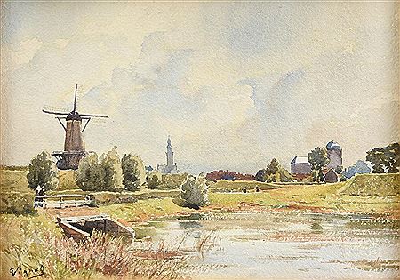 "Riverscape with Windmill and Cathedral"