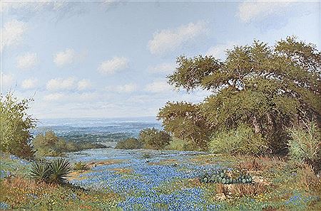 "Bluebonnets with Palms and Cactus in Landscape"