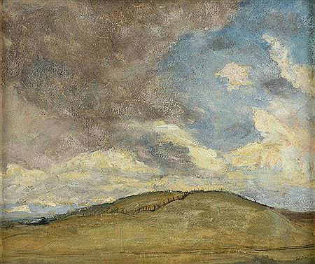 "Stormy Clouds Approaching Hills in Landscape"