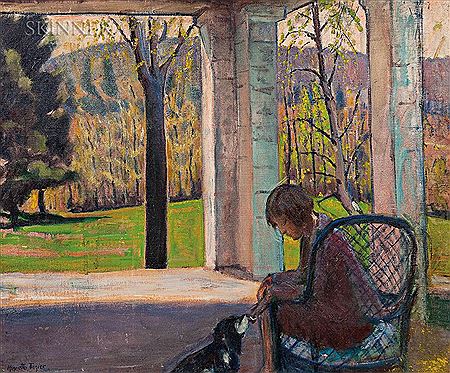 Woman Seated in a Wicker Chair with a Dog