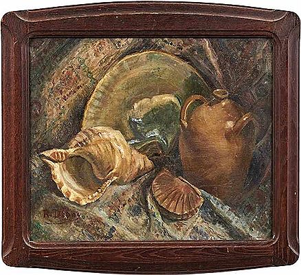 Still life with shells and dishes
