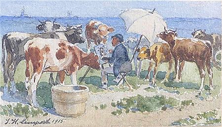 Open-air painter under a parasol painting cows