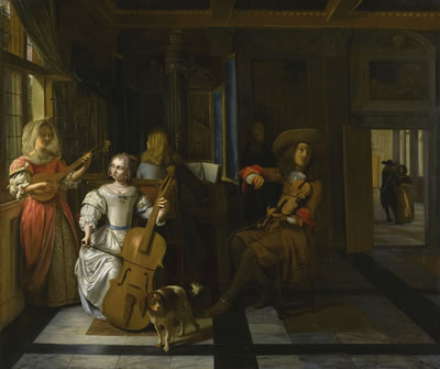 INTERIOR WITH ELEGANT FIGURES PLAYING MUSIC