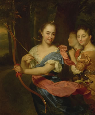 PORTRAIT OF A YOUNG LADY AS DIANA ATTENDED BY HER NYMPHS, IN A WOODED SETTING WITH DOG AT LOWER RIGHT