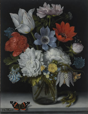 A STILL LIFE OF FLOWERS IN A GLASS FLASK ON A MARBLE LEDGE, FLANKED BY A RED ADMIRAL BUTTEFLY AND A LIZARD
