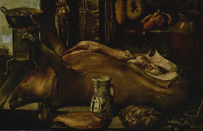 ALLEGORY OF WINTER WITH SLAUGHTERED PIG, DRIED MEATS, FISH, POULTRY, A MEAT PASTRY, CERAMIC VESSELS, AND A BRAZIER