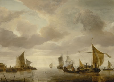 A SHIPPING SCENE ON A CALM SEA, WITH A NUMBER OF VESSELS AND FIGURES, AND A JETTY ON THE LEFT