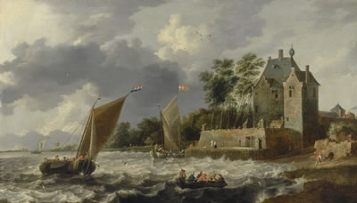 AN ESTUARY SCENE, WITH ROWING BOATS AND SMALL SAILING BOATS BEFORE A FORTIFIED HOUSE