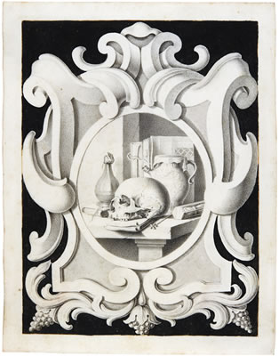A OVAL VANITAS STILL LIFE, WITHIN AN ELABORATE DRAWN FRAME