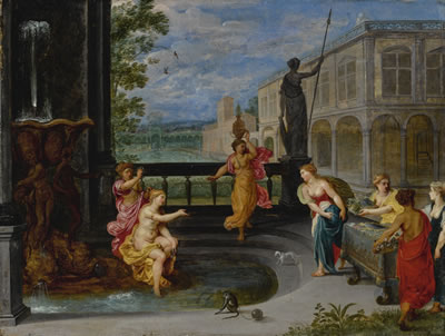 BATHSHEBA IN HER BATH, ATTENDED BY MAIDS, WITH A GARDEN AND PALATIAL SETTING BEYOND