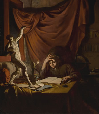 A YOUNG SCHOLAR READING BY A LAMPLIGHT IN A STUDY WITH AN ECORCHÉ MODEL AND A PLASTER HEAD OF A PUTTO ON A TABLE by Johannes Voorhout - Auction record, sale price, and art valuation. Compare with similar artists and explore comparable artworks.