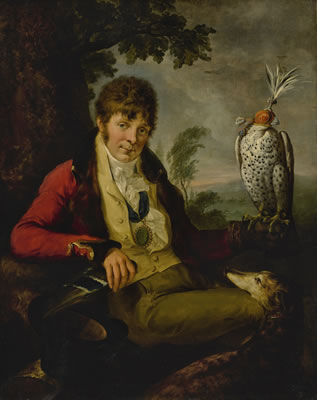 PORTRAIT OF COLONEL THOMAS THORNTON (1757 - 1823), MARQUESS DU PONT, HUNTING WITH HIS GREYHOUND MAJOR AND A HOODED FALCON, A LANDSCAPE BEYOND by Philip Reinagle - Auction record, sale price, and art valuation. Compare with similar artists and explore comparable artworks.