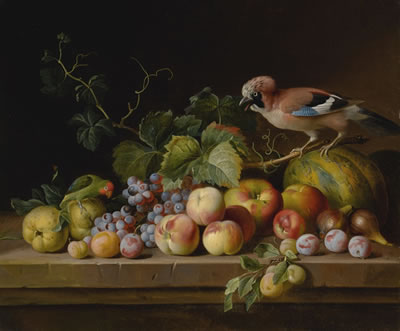 A STILL LIFE OF MELONS, APPLES, PEACHES, PLUMS, FIGS, GRAPES, AND VINES ON A STONE LEDGE WITH A JAY AND PARROT