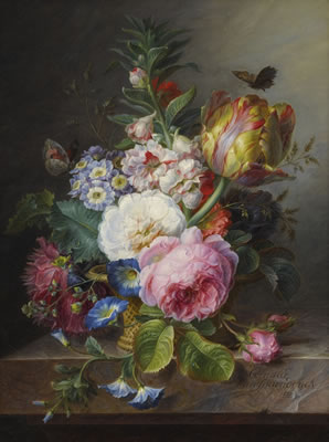 A STILL LIFE OF A PARROT TULIP, ROSES AND OTHER FLOWERS IN A BASKET, ON A MARBLE LEDGE by Corneille van Spaendonck - Auction record, sale price, and art valuation. Compare with similar artists and explore comparable artworks.