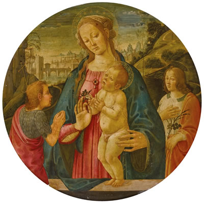 MADONNA AND CHILD WITH AN ADORING ST. JOHN THE BAPTIST, ATTENDED BY A MALE SAINT, BEFORE A LANDSCAPE, A TONDO by Jacopo Del Sellaio - Auction record, sale price, and art valuation. Compare with similar artists and explore comparable artworks.