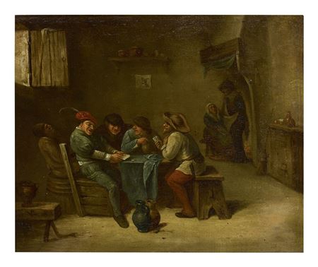 AN INTERIOR SCENE WITH PEASANTS PLAYING CARDS