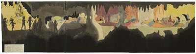 RECTO: 31 AT JENNIE RICHEE HARD PRESSED DURING STORM PERSUEING ENEMY THEY BECOME LOST IN CAVERN OF VOLCANIC MT SOOTREEMIA. CAVERN AT SECTIONS STRANGELY LIGHTED BY MYSTERIOUS SOURCE. SOLDIERS IN DISTANCE CLOSING IN ON LITTLE GIRLS. VERSO: AT JENNIE TURMER.