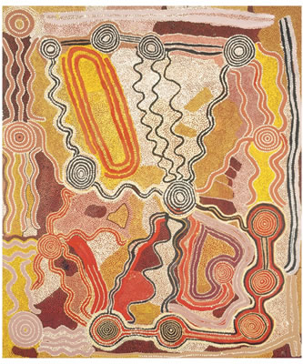 Sample artwork by Paddy Jupurrula Nelson (c. 1919 - c. 1999), known for aboriginal art, dot dreaming designs,collaboration, brilliant coloration - View similar artists and auction records