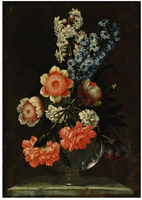 A STILL LIFE OF WHITE ROSES, HYACINTHS, RED CARNATIONS, ANEMONES AND OTHER FLOWERS IN A GLASS VASE ON A STONE SURFACE