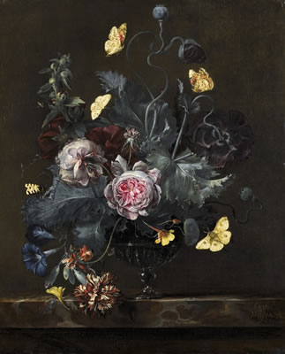 Still life with flowers in a glass vase, on a marble ledge, with butterflies and moths