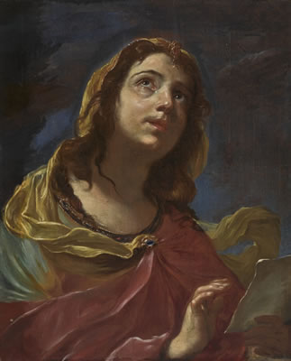 A sybil holding a paper