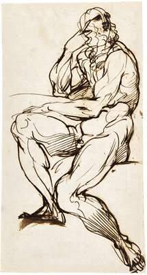 A SEATED BEARDED MALE NUDE SUPPORTING HIS HEAD WITH HIS RIGHT HAND