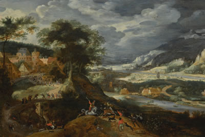 KORTRIJK CIRCA 1565 - 1603 AMSTERDAM AN EXTENSIVE LANDSCAPE WITH A BULL HUNT
