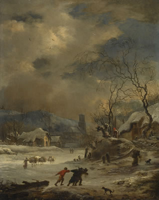 A WINTER LANDSCAPE WITH TRAVELLERS AND FIGURES GATHERING LOGS ON A FROZEN RIVER NEAR A VILLAGE