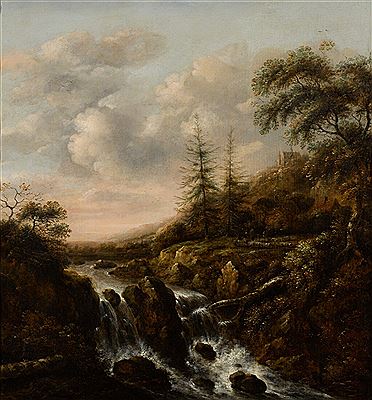 A WATERFALL IN A MOUNTAINOUS RIVER LANDSCAPE