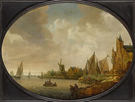 RIVER LANDSCAPE WITH A WINDMILL, A PORT BUILDING, AND SAILING VESSELS
