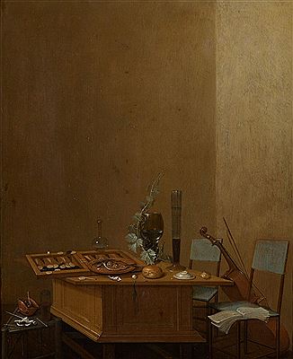 STILL-LIFE WITH TRIC-TRAC GAME AND VARIOUS TABLEWARE ALL ATOP A WOODEN TABLE, A STOOL WITH SMOKING MATERIALS TO THE LEFT, TWO CHAIRS AND A CELLO TO THE RIGHT