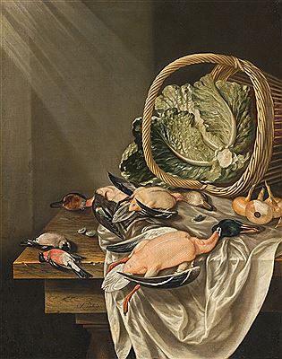 KITCHEN STILL LIFE WITH AN OVERTURNED BASKET OF LETTUCE, GAME AND VEGETABLES, ALL ON A WOODEN TABLE DRAPED IN A WHITE CLOTH
