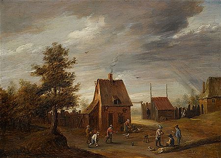 A village landscape with figures playing ball games