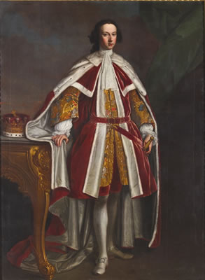 PORTRAIT OF WILLIAM WENTWORTH, 2ND EARL OF STRAFFORD (1722-1791), IN PEER'S ROBES, HIS RIGHT HAND RESTING ON A TABLE BEARING AN EARL'S CORONET