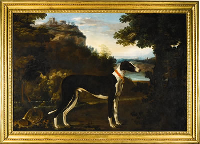 Portrait of a black and white greyhound belonging to the Chigi family, standing in a mountainous landscape by Michele Pace - Auction record, sale price, and art valuation. Compare with similar artists and explore comparable artworks.