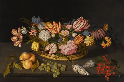 Still life of tulips and other flowers in a basket, with shells and fruit on a stone ledge