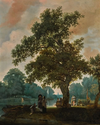 An elegant company by a lake, with Utrecht Cathedral in the distance