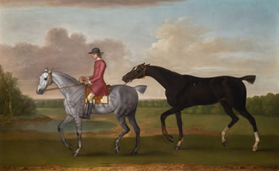 The Duke of Kingston’s liver chestnut racehorse 'Jolly Roger' led by a groom