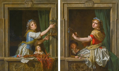A young woman setting a bird free from a cage at an open window; and A young woman with a guitar seated at an open window (2)