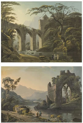 VUE D'UNE ABBAYE EN RUINES ; PAYSAGE AVEC UN AQUEDUC (2)