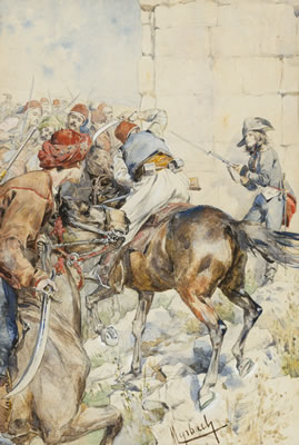 LIEUTENANT RICHEMONT SHAKES DOWN AN ALBANIAN HORSEMAN DURING THE BATTLE OF NICOPOLIS IN OCTOBER 1798