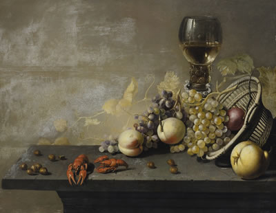 STILL LIFE WITH PEACHES AND GRAPES IN A BASKET, TOGETHER WITH A ROEMER IN A GOBLET HOLDER, CRAYFISH AND HAZELNUTS ON A STONE LEDGE