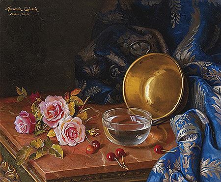 “Bodegón con rosas, cerezas and cortinón”