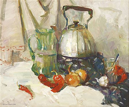 A STILL LIFE WITH A KETTLE, A JUG, CHILLIES, ONIONS AND GARLIC